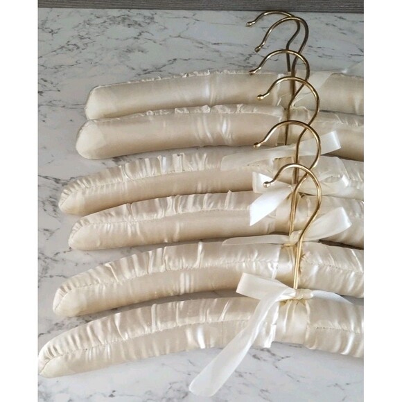 Set of 6 Ivory Satin Padded Clothes Hangers Lingerie Gold Chrome Hangers 15.5" - Picture 3 of 4